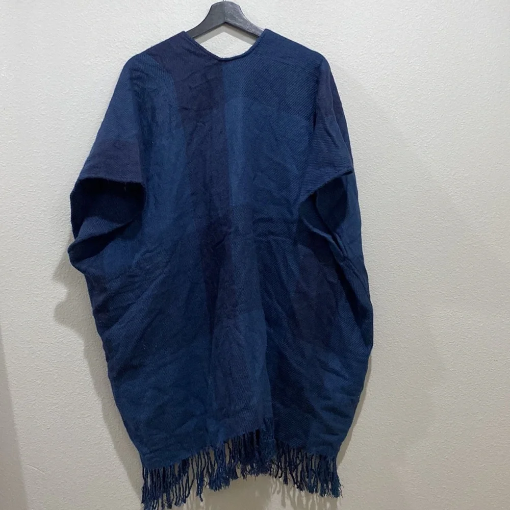 LOFT Navy Plaid Fringe Ends Pancho Open Cardigan Size M/L